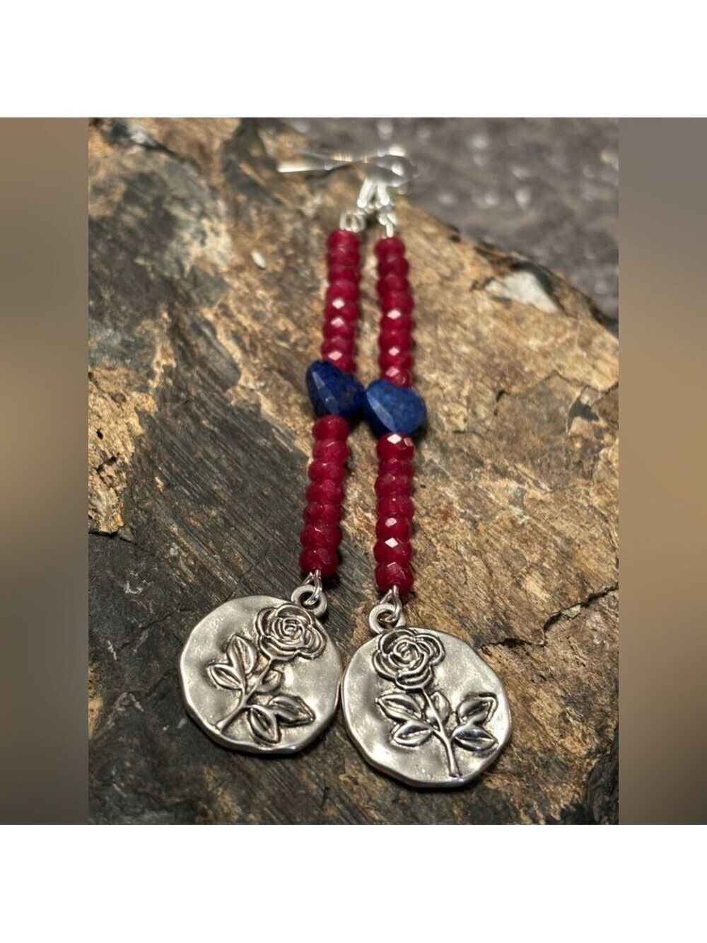 Mystic Rose Talismans • Faceted Garnet & Lapis Hearts • Sterling Silver Hooks